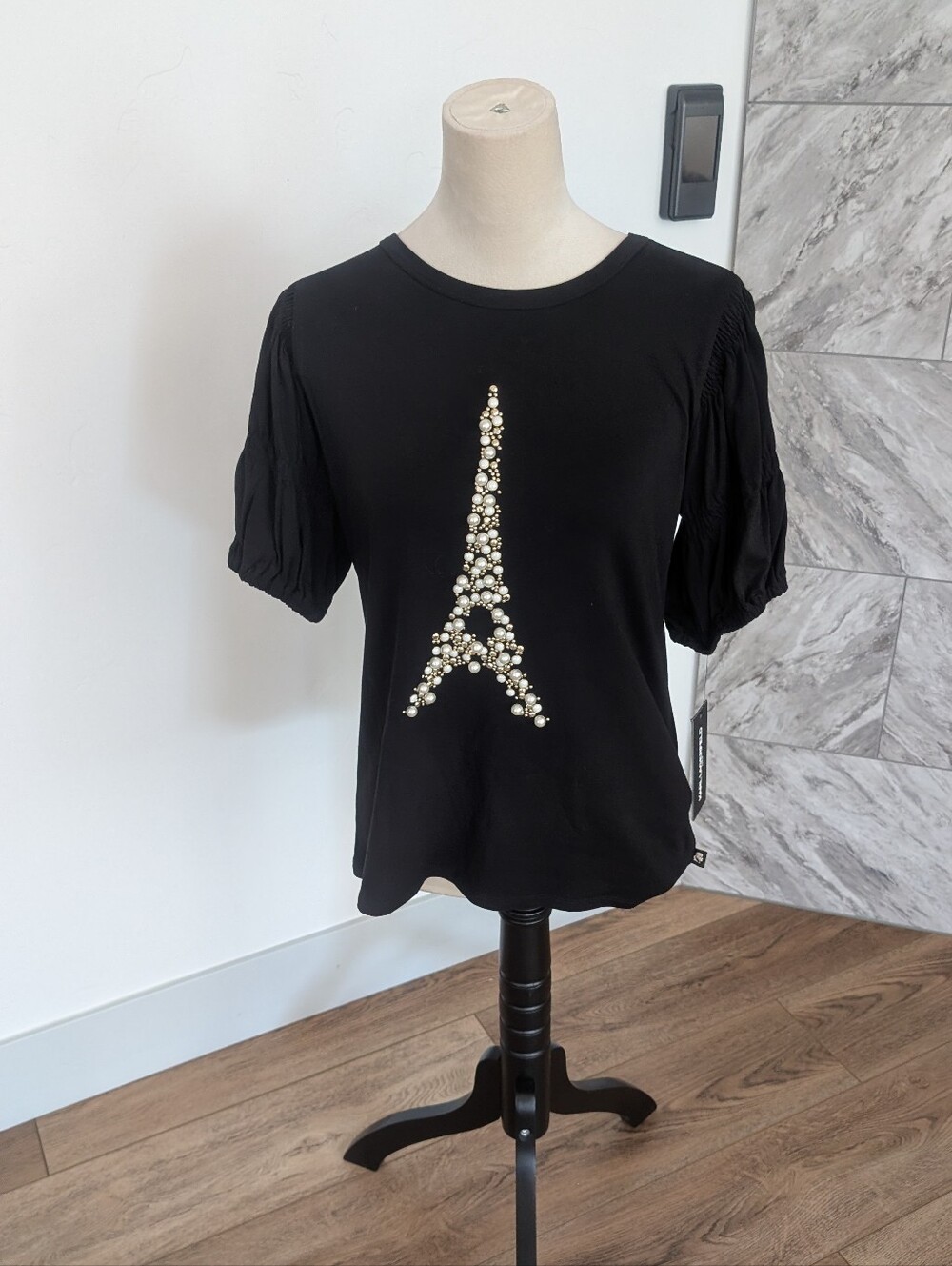 Karl Lagerfeld Black Pearl Eiffel Tower Short Sleeve Tee - Picture 5 of 9
